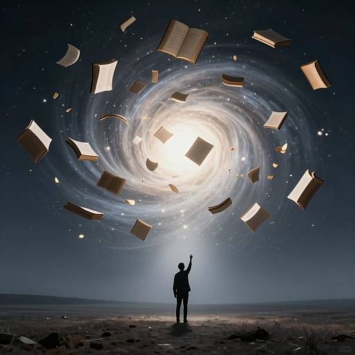 Silhouetted person stands in desert, arm raised, as swirling galaxy of floating books surrounds bright, glowing center in starry night sky. Digital
