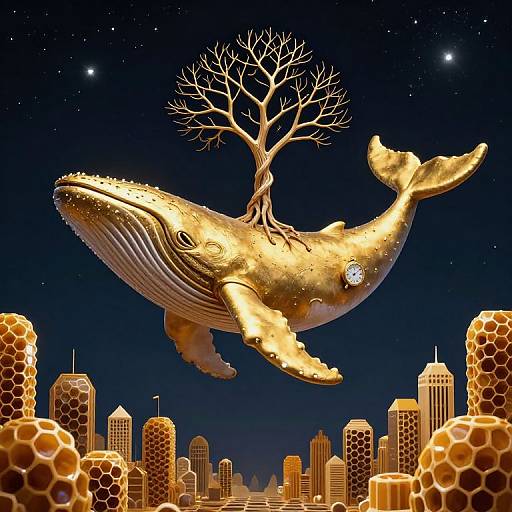 Digital artwork: A golden, leafless tree grows on a floating, glittering whale above a cityscape of honeycomb skyscrapers under a star