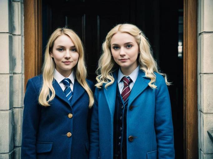Two Blonde Women in Blue Coats and Ties Standing at Doorway