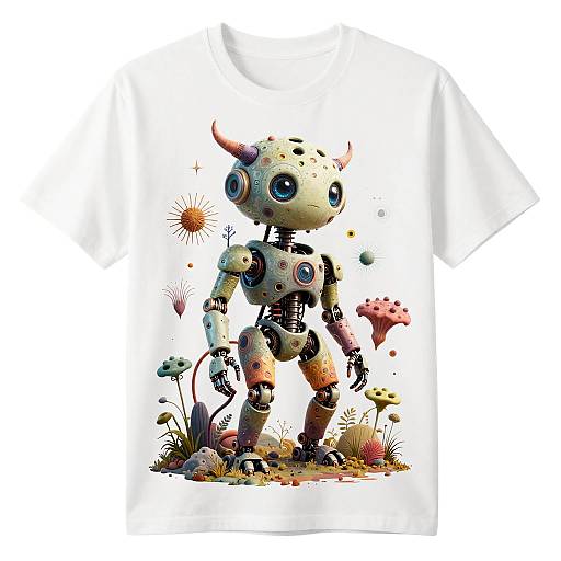 Digital artwork of a whimsical, robot-like creature with blue eyes, horned head, and colorful, mechanical limbs standing among vibrant flowers and grass.