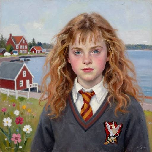 Digital painting of a red-haired girl with blue eyes, wearing a school uniform with a striped tie, standing near a coastal village with red houses, flowers