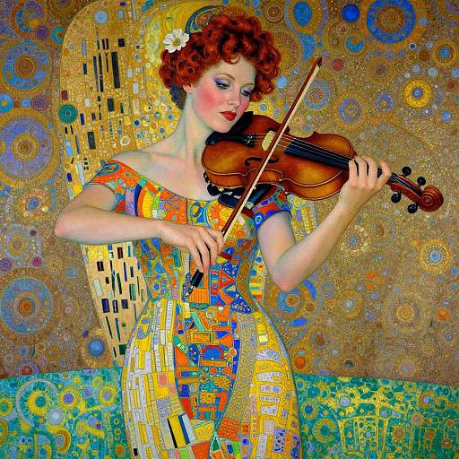 Digital art of a fair-skinned, red-haired woman with curly hair playing violin, wearing a colorful, geometric-patterned dress, against a vibrant,