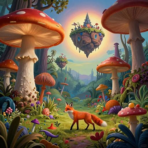 Vibrant digital fantasy landscape: red fox walks under giant mushrooms, floating fairy houses, colorful flowers, and lush forest under a glowing sun.