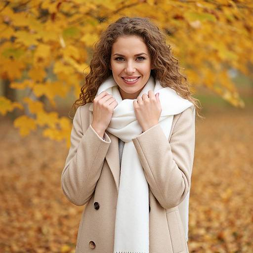Photograph of a smiling woman with curly brown hair, wearing a beige coat and white scarf, standing in an autumnal forest with yellow leaves.
