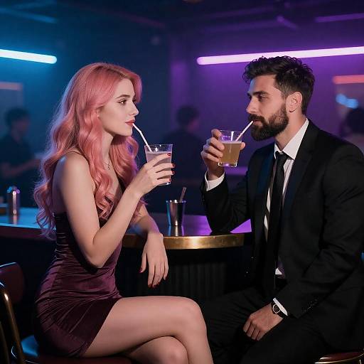 Couple Drinking in Neon-lit Nightclub