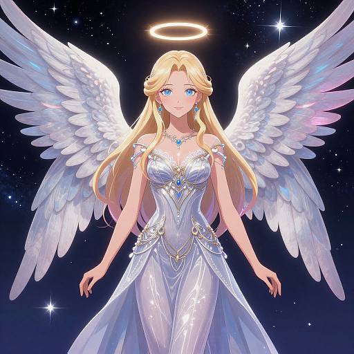 Digital anime-style illustration of a blonde angel with blue eyes, white wings, glowing halo, and blue earrings, wearing a detailed white gown, against a