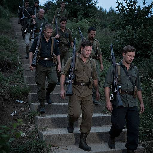 Photograph: Six male soldiers in green uniforms and boots ascend concrete stairs, each carrying rifles, in a dense, wooded area.