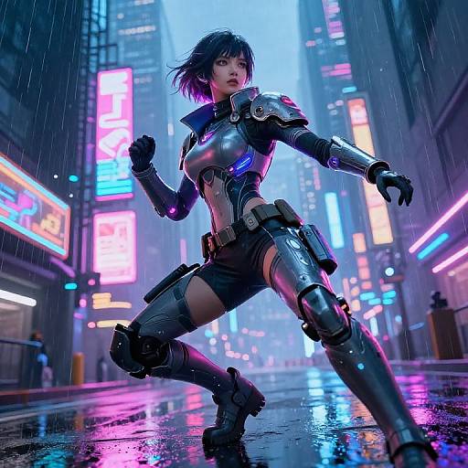 Cyberpunk female warrior in glowing armor runs through a neon-lit, rain-soaked city street, with vibrant lights reflecting on wet pavement. Digital