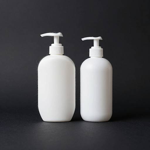Photograph of two white, pump-style hand soap dispensers with simple, modern design, standing side-by-side against a dark blue background.