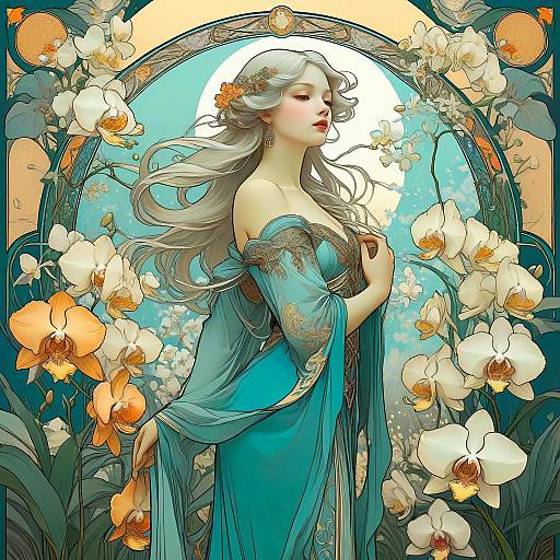 Art Nouveau Woman in Orchid Garden