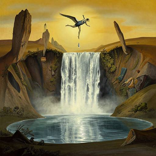 Digital artwork of a majestic waterfall at sunset, with a flying bird mid-dive, rocks, and ancient ruins on both sides.