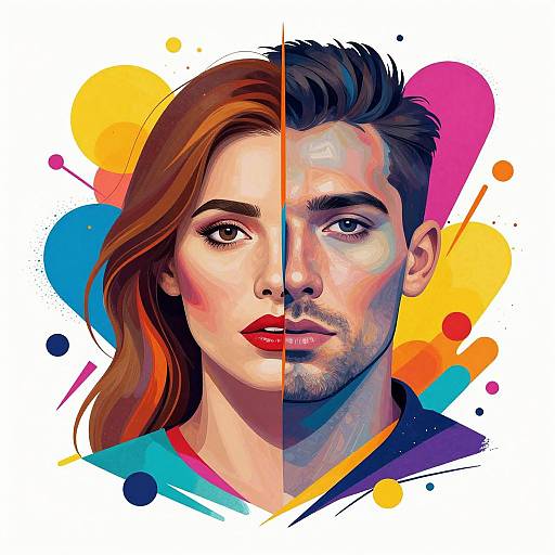 Digital illustration of a split face, half woman with red lips, brown hair, and half man with short dark hair, colorful abstract background with geometric shapes
