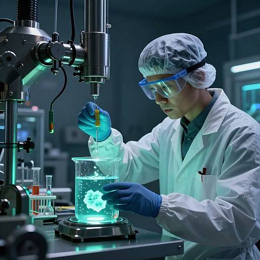 Research Chemist Examining Glowing Minerals in Laboratory