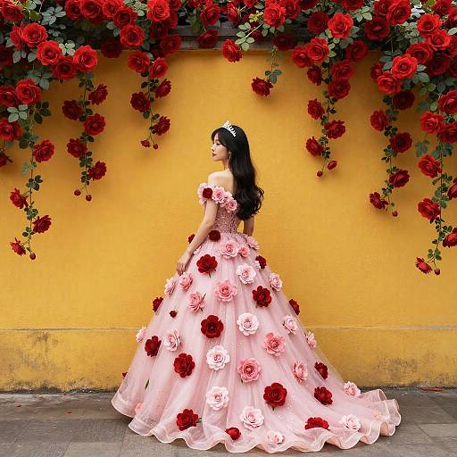 Photograph of a woman with long black hair in a pink floral ball gown adorned with red roses, standing against a yellow wall draped with cascading red