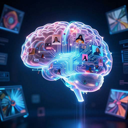 Neon-lit, glowing brain with digital circuitry and photos of diverse people floating inside, surrounded by blurred screens, in futuristic CGI style.