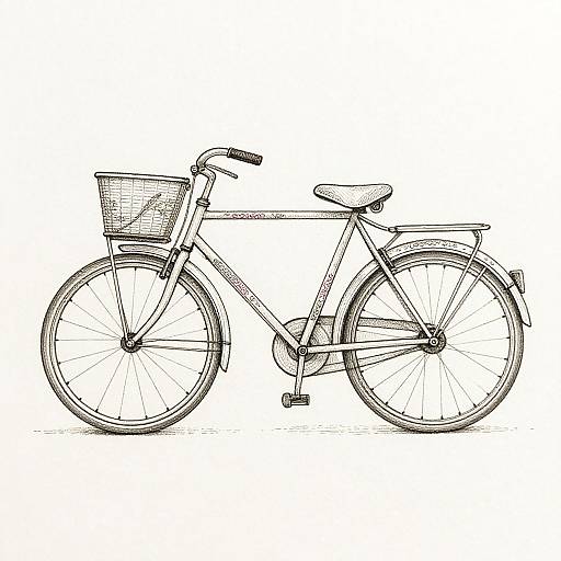 Black-and-white line drawing of a classic, vintage-style bicycle with a front basket, curved handlebars, and a simple, cushioned seat.