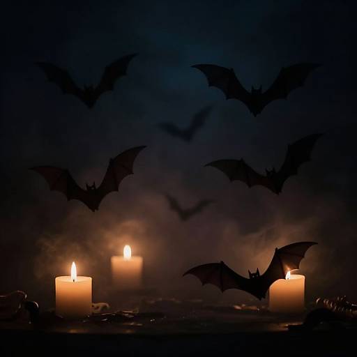 Photograph of three glowing candles, surrounded by dark silhouetted bats, against a black background, creating a spooky, Halloween ambiance.