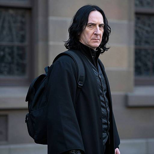 Photograph of a middle-aged man with long black hair, wearing a black coat and backpack, standing before a stone building.