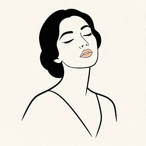 Digital line art of a serene, closed-eyed woman with black hair, pale skin, and pink lips, against a white background.