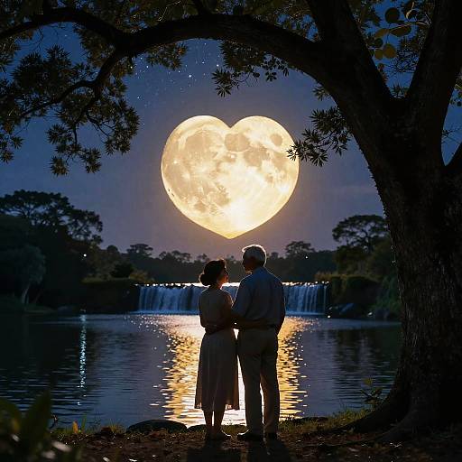 Silhouetted couple stands by lake, watching enormous full moon over waterfall; tree frames scene, reflecting in water. Romantic night photograph.