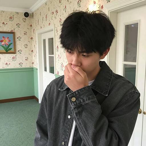 Sad Young Man in Floral Hallway