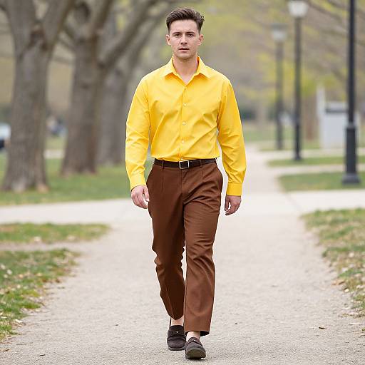 Photograph of a young man with short dark hair, wearing a bright yellow shirt, brown pants, black belt, and black shoes, walking down a