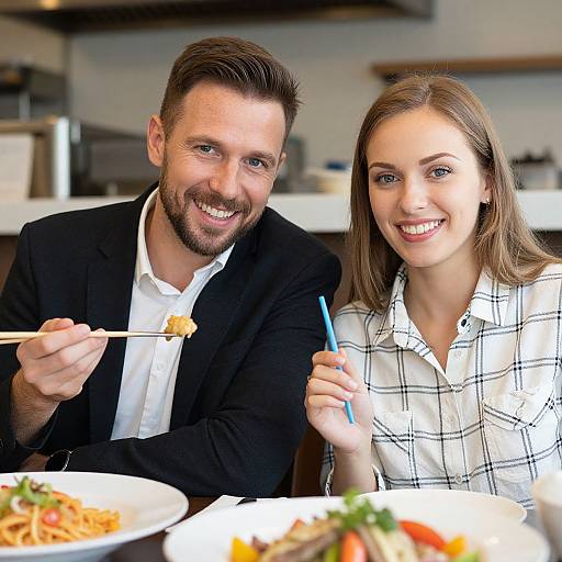 Photograph of a smiling bearded man in a black suit and a woman with brown hair in a white checkered shirt, eating at a modern restaurant