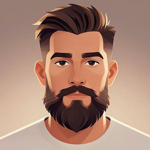 Digital illustration of a handsome, bearded man with dark brown hair, brown eyes, and a white shirt, set against a gradient background.