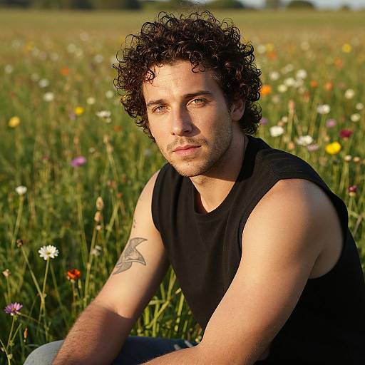 Curly-Haired Man in Sunlit Meadow
