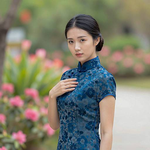 Attractive Woman in Blue Qipao Garden