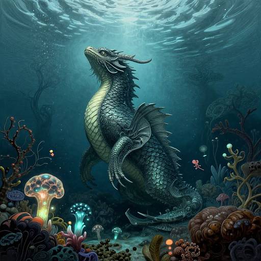 Digital art of a majestic, blue-scaled dragon with glowing yellow underbelly, swimming among vibrant underwater corals and glowing mushrooms under sunlight beams.