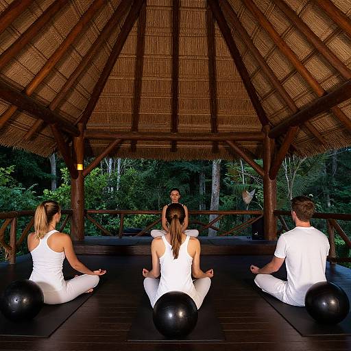 Photograph of four people in white yoga outfits, meditating with black exercise balls under a thatched-roof wooden gazebo in a forest.