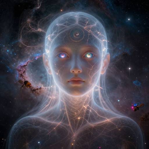 Digital artwork of a glowing, ethereal woman with transparent, light-filled skin, heterochromatic eyes, and intricate neural patterns, set against a star