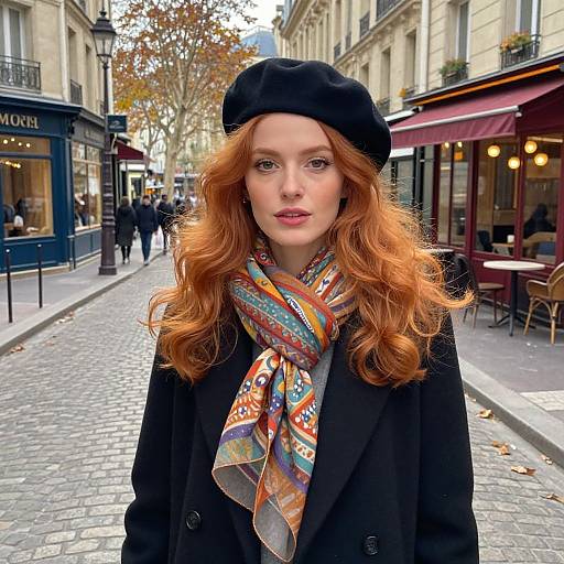 Photograph of a red-haired woman with fair skin, wearing a black beret, colorful scarf, and black coat, standing on a cobblestone