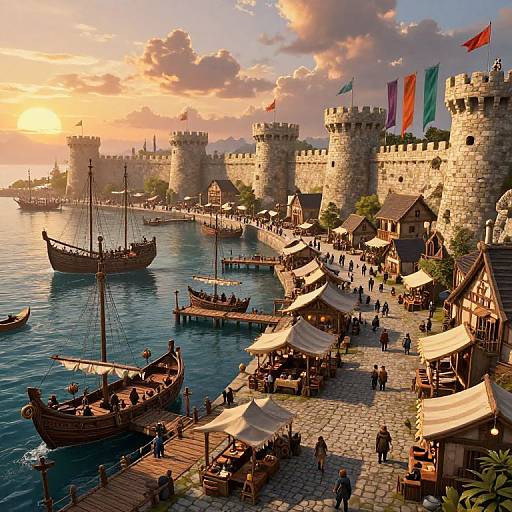 Digital artwork of a medieval seaport at sunset, featuring stone castle towers, wooden boats, market stalls, and people, with colorful flags and a
