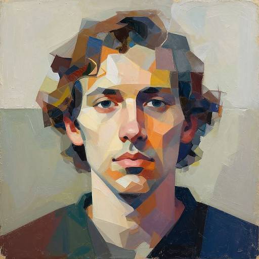 Cubist-style digital painting of a young man with curly brown hair, light skin, and serious expression, using vibrant, geometric colors.