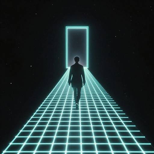 Silhouetted man in suit walks towards glowing blue grid floor and rectangular door in dark, starry background, digital art.