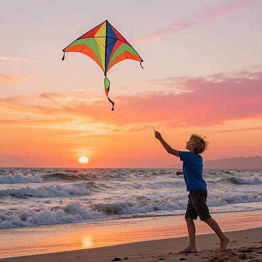 Photograph of a blonde boy in a blue shirt flying a colorful kite at sunset on a sandy beach with waves.