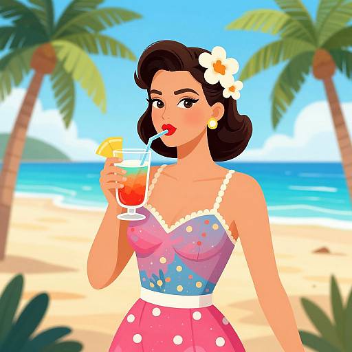 Digital illustration of a curvy woman with fair skin, dark wavy hair, and a white flower, sipping a tropical drink on a sunny beach