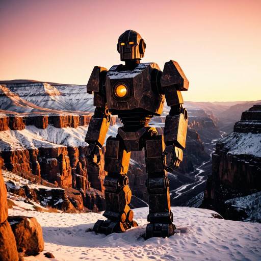 Ancient Stone Golem Overlooking Snowy Canyon at Dusk