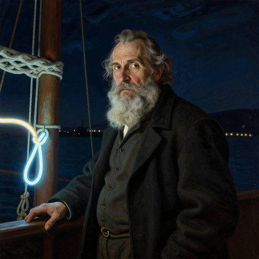 Photorealistic digital painting of an elderly bearded man with a white beard, wearing a dark coat, standing on a ship at night, illuminated by