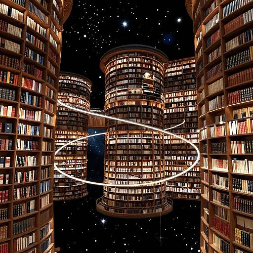 Photograph of a night sky with starry background, surrounded by four illuminated, cylindrical, book-filled skyscrapers, with white light trails forming a