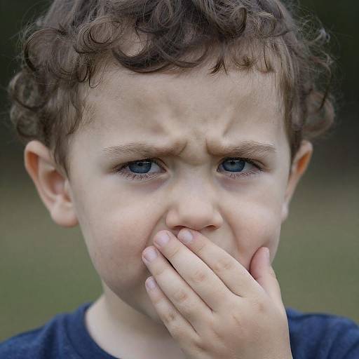 Close-up of Young Child with Blue Eyes Covering Mouth