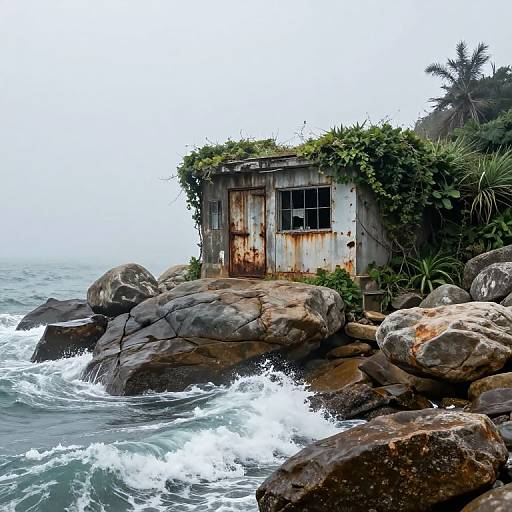 Misty Coastal Bunker Among Boulders
