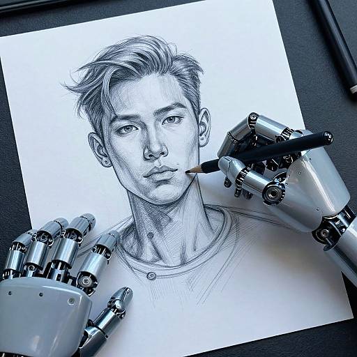 Detailed pencil drawing of a young man with tousled hair, using robotic hands to hold the paper and draw himself. Monochrome, realistic style.