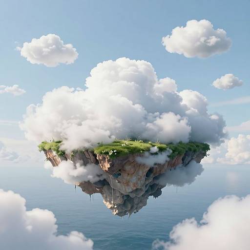 Floating island with lush green grass, rocky cliffs, and white clouds, suspended in a bright blue sky with scattered clouds.
