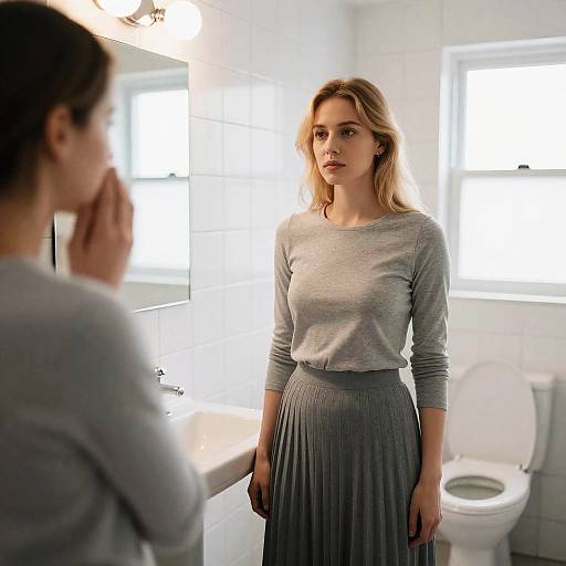 Neutral Encounter in a Bright Bathroom