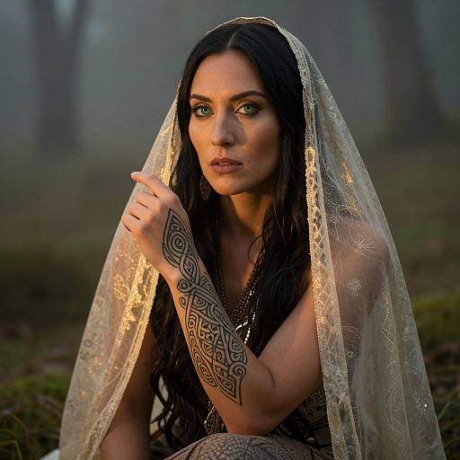 Photograph of a woman with long black hair, green eyes, and intricate arm tattoo, wearing a sheer lace veil, in a misty forest.