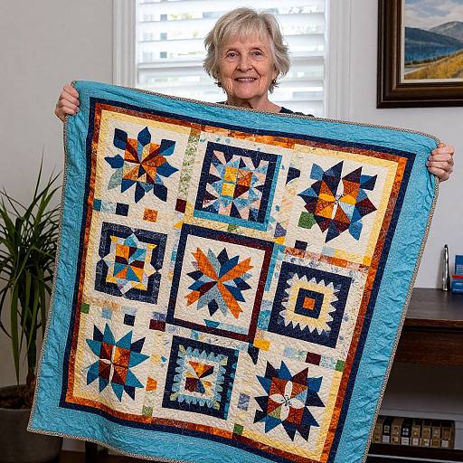 Woman Displaying Collaborative Quilted Masterpiece