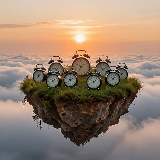 Photograph of a floating grassy cliff at sunrise, surrounded by twelve identical alarm clocks, set against a cloudy sky.